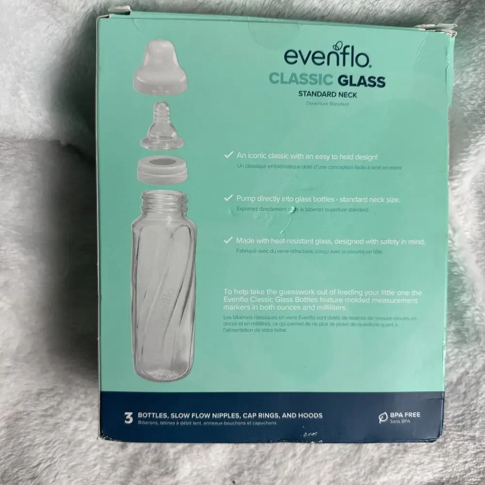 Evenflo Classic Glass Standard Neck 3 Pack 8oz Baby Bottles Slow Flow Nipple Cap - Picture 5 of 9